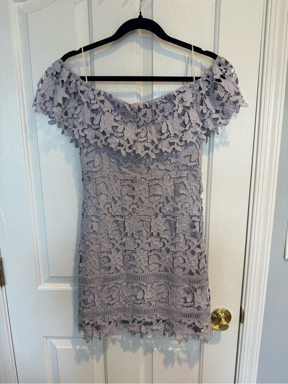 ASTR Off-Shoulder Lace Mini Dress in Light purple